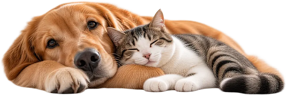 Um golden retriever e um gato tigrado deitados juntos, a descansar encostados um ao outro.