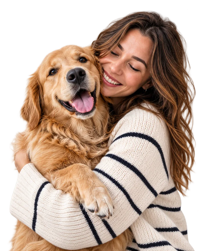 Mulher sorridente a abraçar um golden retriever.